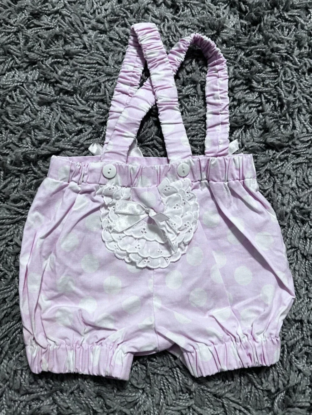 Vintage 70s 80s Baby Bubble Romper Polka Dot with Lace Size 6-9M